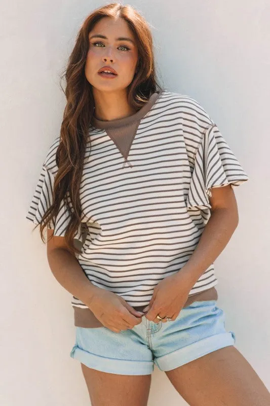 Contrast Detail Striped Ruffle Short Sleeve Top sold by Charming Charlie
