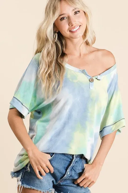 BiBi Tie Dye French Terry Top With Buttoned Placket sold by Charming Charlie