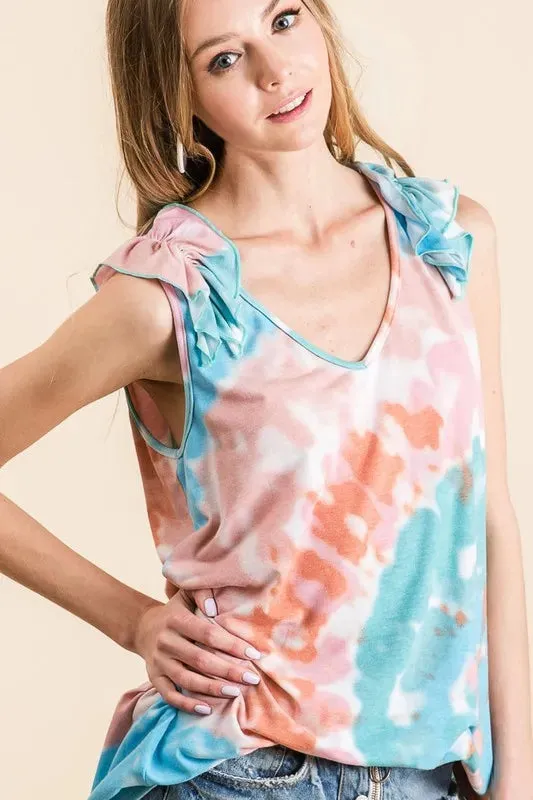 BiBi Circular Tie Dye Knit V Neck Top With Ruffle sold by Charming Charlie product image thumbnail 3