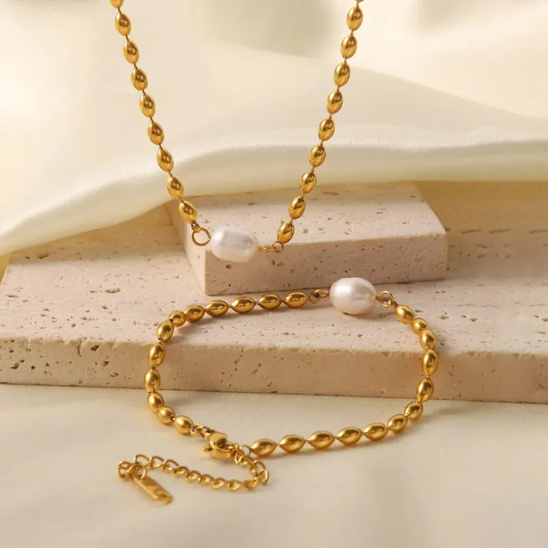 Pearl and Gold Chain Jewelry Set with Necklace and Bracelet sold by Charming Charlie