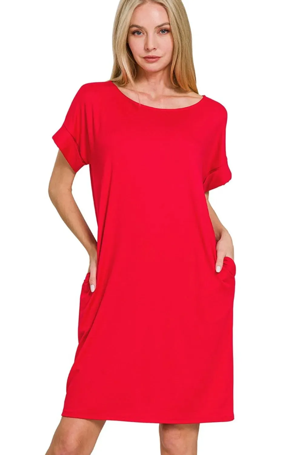 Zenana Rolled Short Sleeve Round Neck Dress sold by Charming Charlie