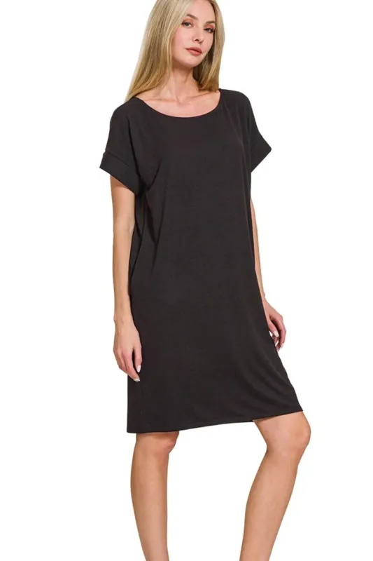 Zenana Rolled Short Sleeve Round Neck Dress sold by Charming Charlie