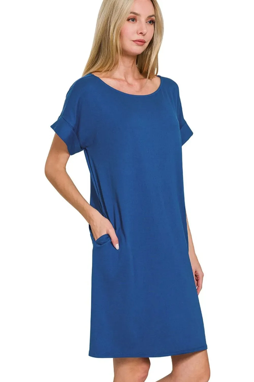 Zenana Rolled Short Sleeve Round Neck Dress sold by Charming Charlie