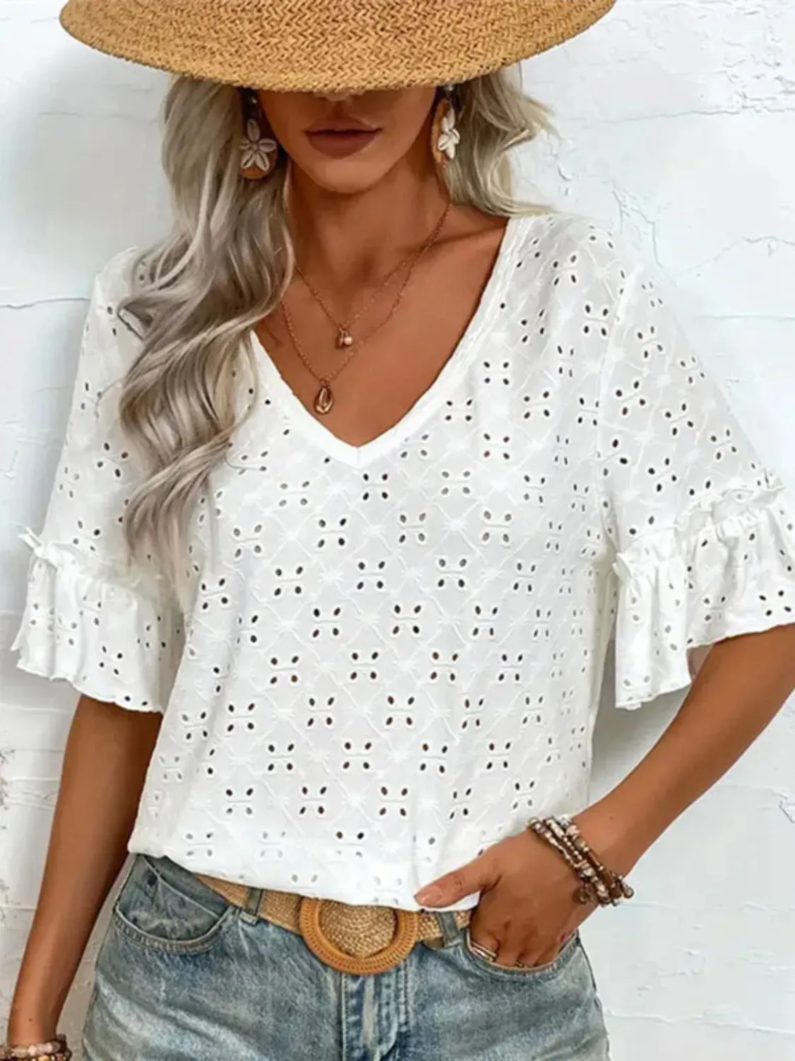 Eyelet V-Neck Half Sleeve Blouse sold by Charming Charlie product image thumbnail 3