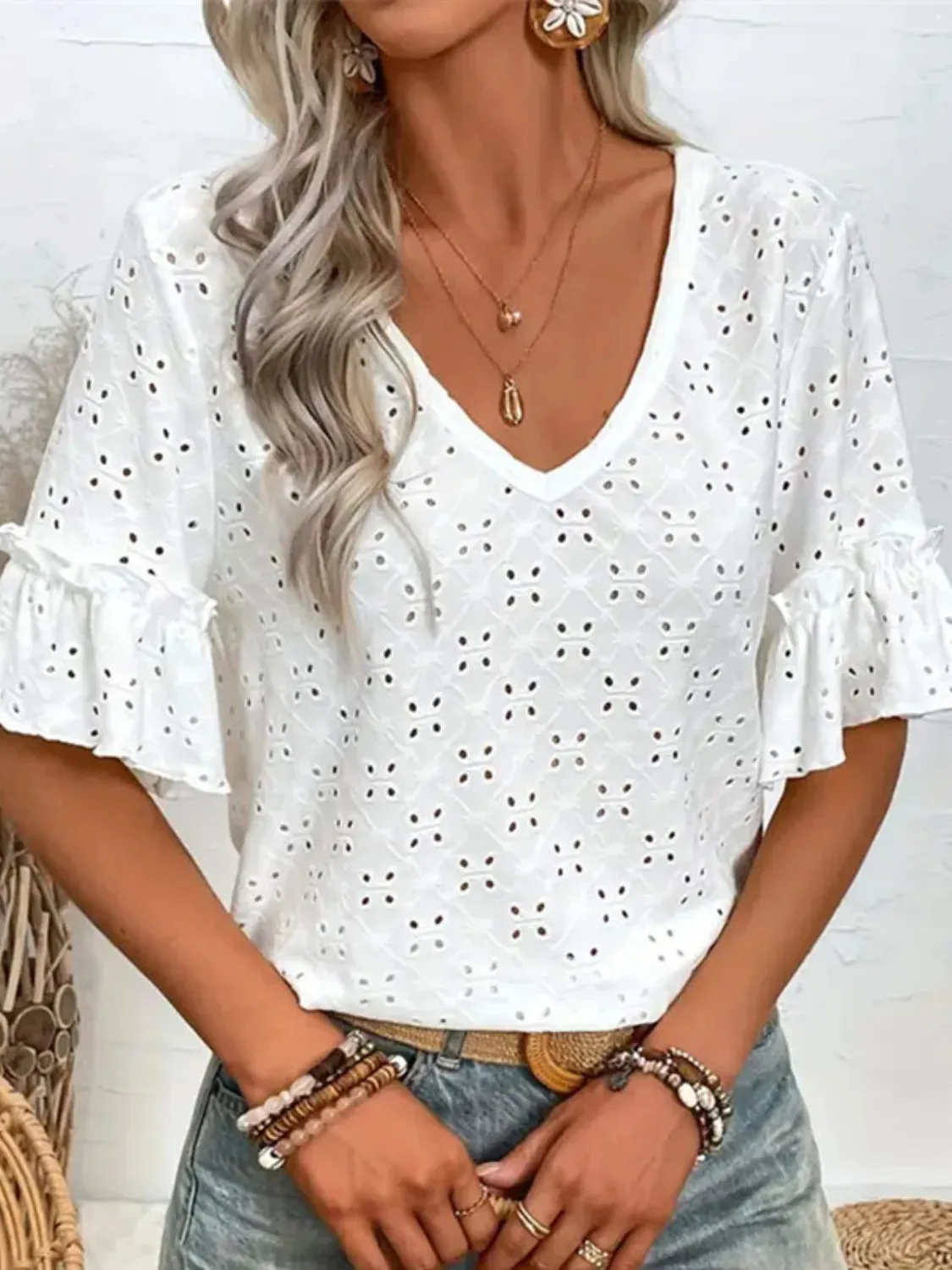 Eyelet V-Neck Half Sleeve Blouse sold by Charming Charlie product image thumbnail 5