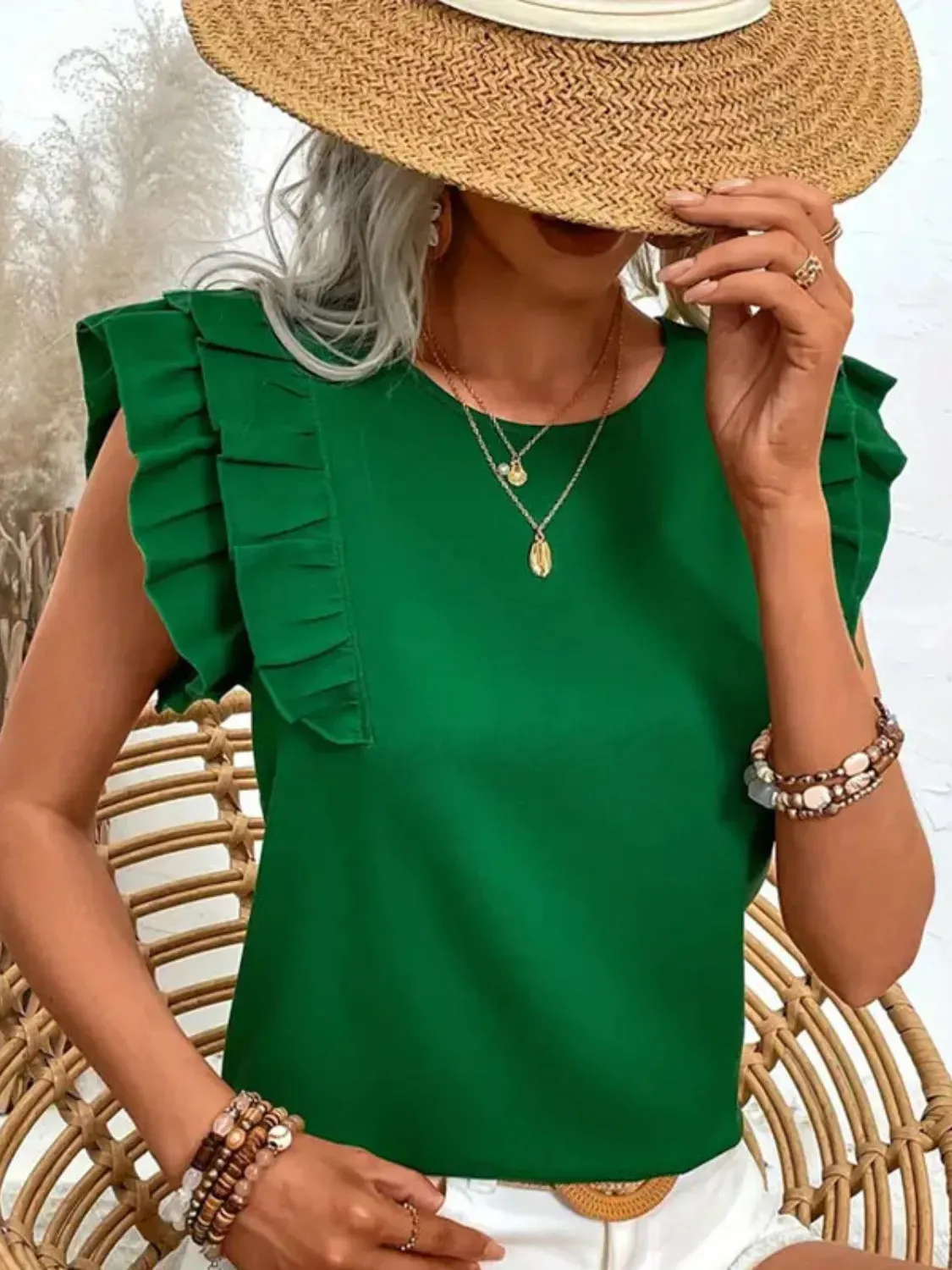 Ruffled Solid Round Neck Cap Sleeve Blouse sold by Charming Charlie product image thumbnail 5
