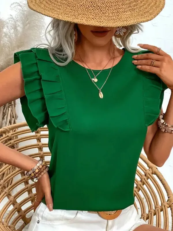 Ruffled Solid Round Neck Cap Sleeve Blouse sold by Charming Charlie