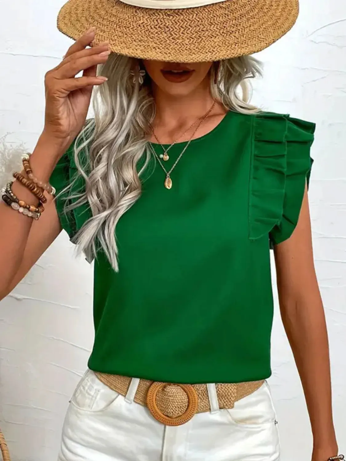 Ruffled Solid Round Neck Cap Sleeve Blouse sold by Charming Charlie product image thumbnail 3