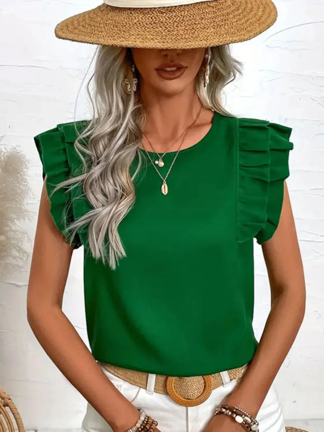 Ruffled Solid Round Neck Cap Sleeve Blouse sold by Charming Charlie product image thumbnail 4
