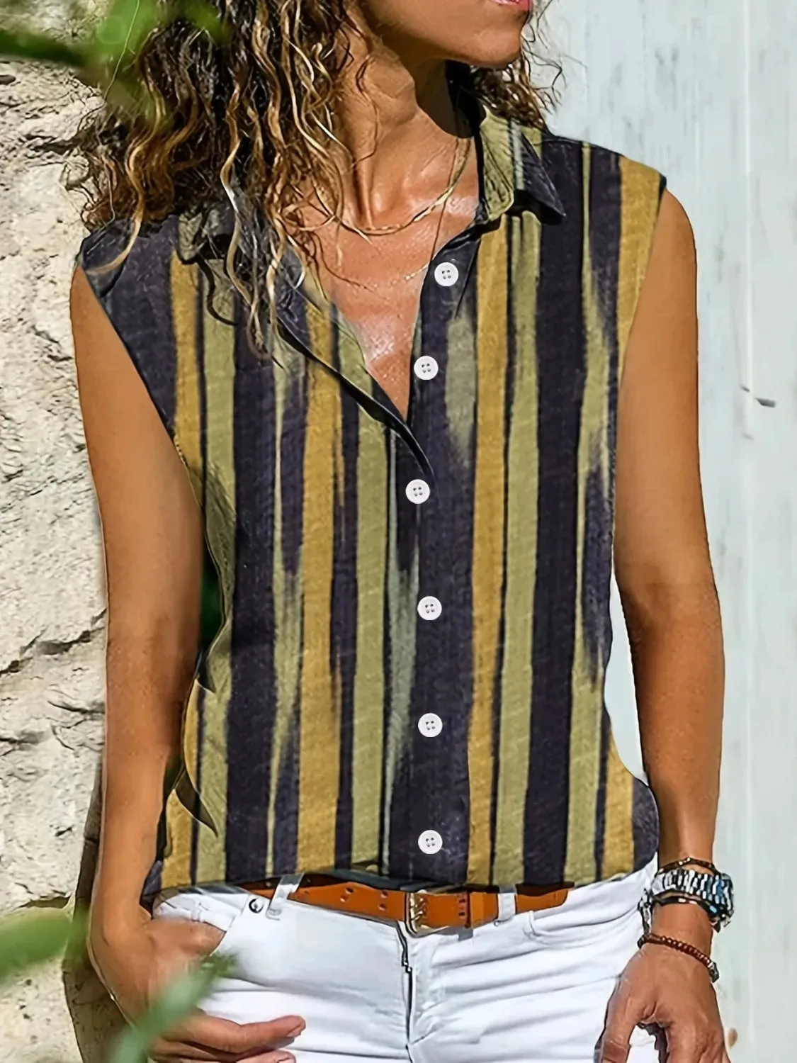 Button Detail Striped Sleeveless Shirt sold by Charming Charlie product image thumbnail 4