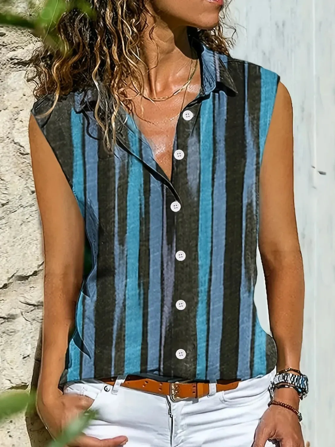 Button Detail Striped Sleeveless Shirt sold by Charming Charlie
