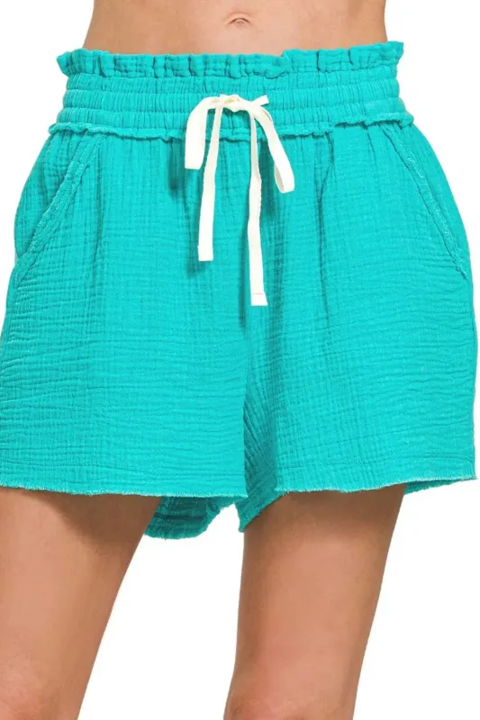Zenana Double Gauze Elasticband Drawstring Waist Shorts sold by Charming Charlie