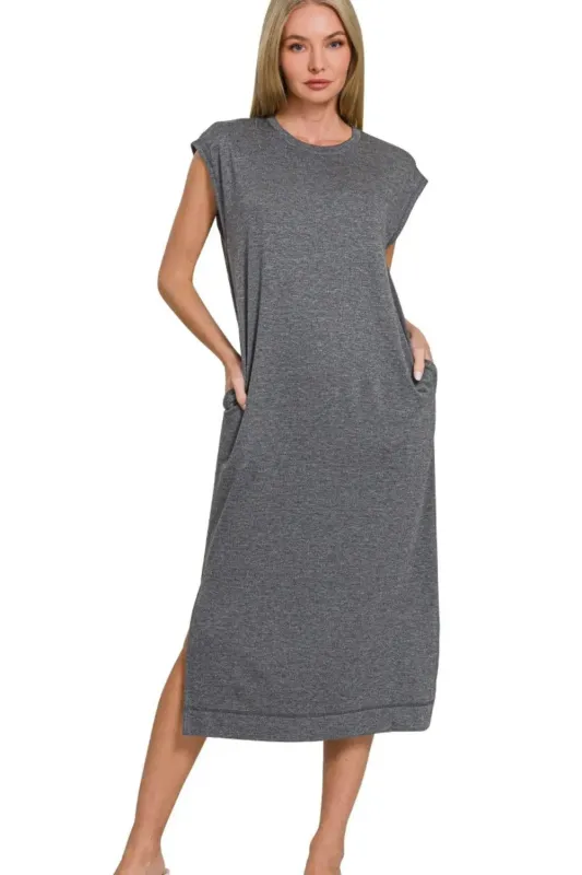 Zenana French Terry Sleeveless Round Neck Midi Dress sold by Charming Charlie