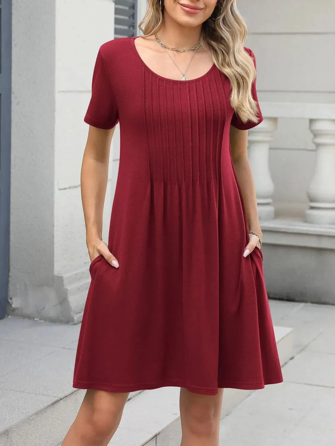 Pleated Front Round Neck Swing Dress sold by Charming Charlie