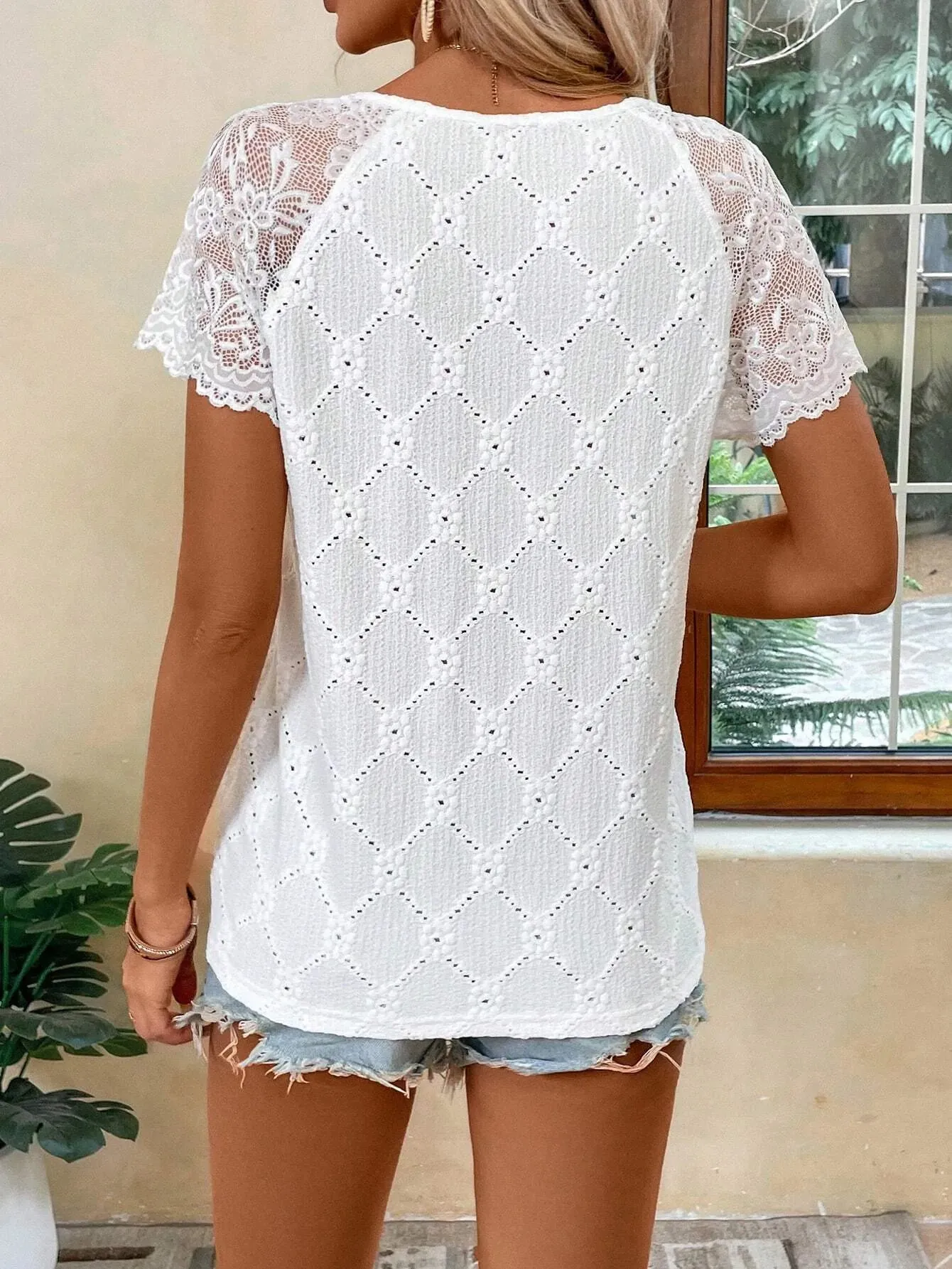 Lace Trim Eyelet Embroidered V-Neck T-shirt sold by Charming Charlie product image thumbnail 2