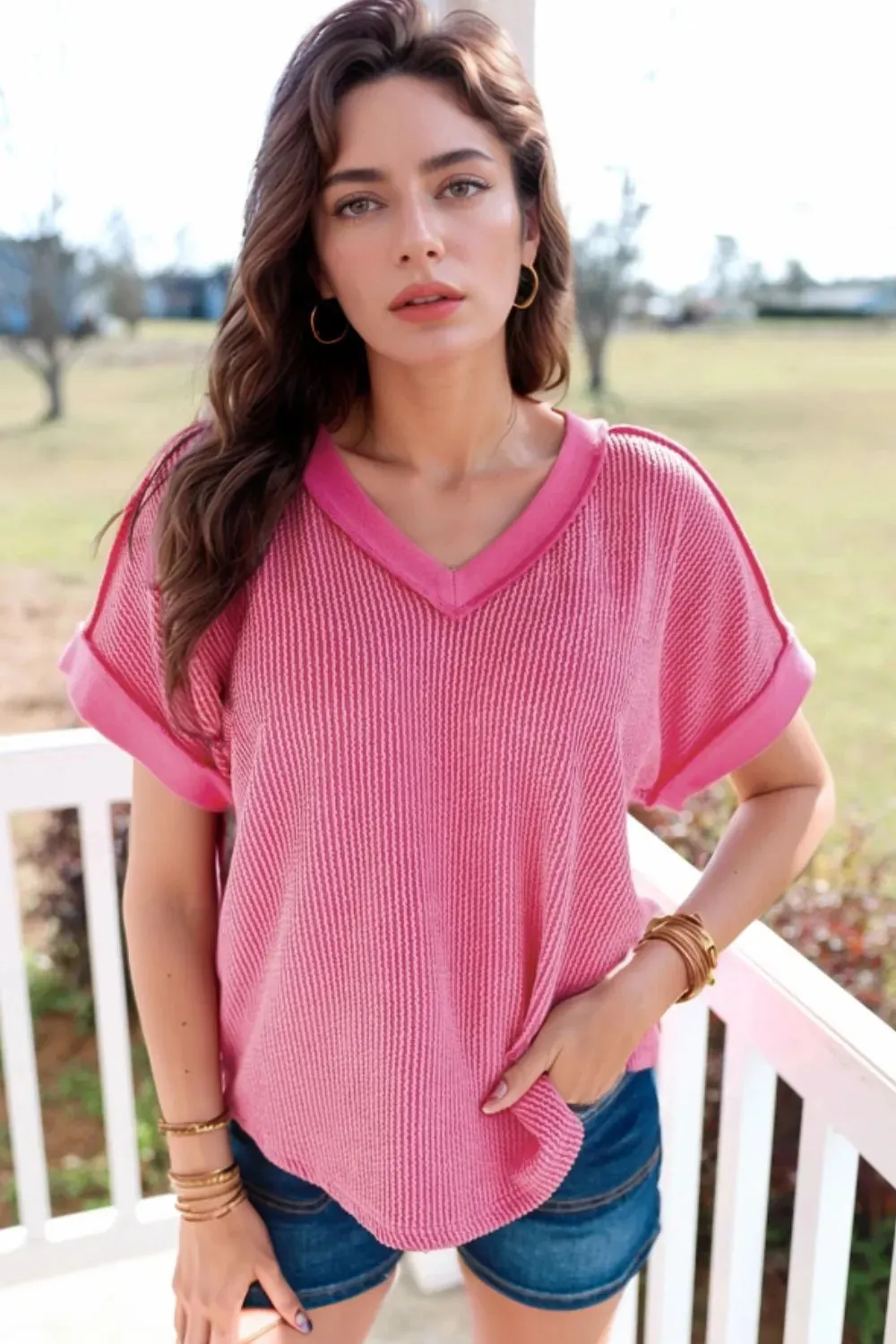 Solid V-Neck Short Sleeve T-Shirt sold by Charming Charlie product image thumbnail 2