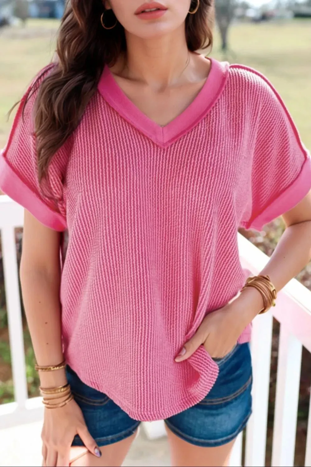 Solid V-Neck Short Sleeve T-Shirt sold by Charming Charlie