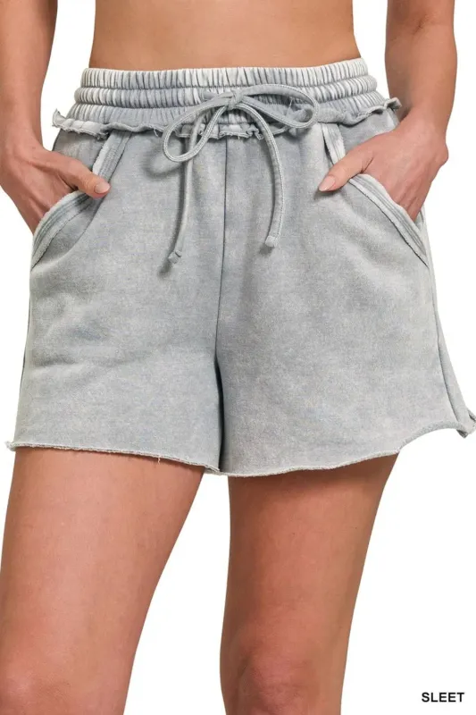 Zenana Acid Wash Fleece Drawstring Shorts With Pockets sold by Charming Charlie