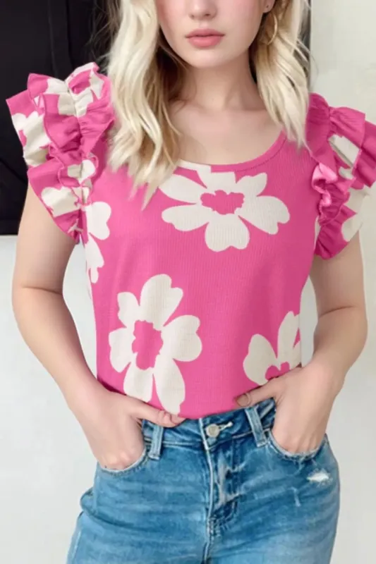 Flower Round Neck Ruffled Sleeve Top sold by Charming Charlie