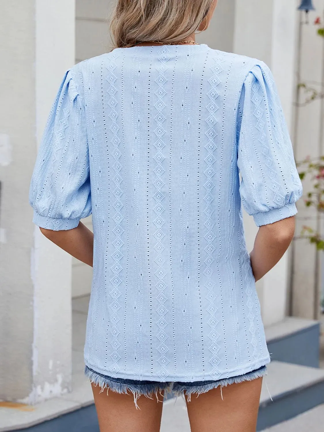 Puff Sleeve V-Neck Eyelet Lace T-Shirt sold by Charming Charlie product image thumbnail 5