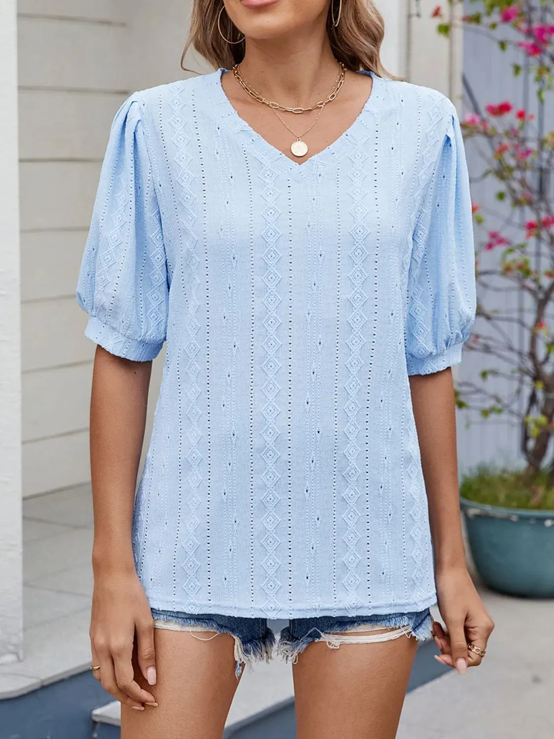 Puff Sleeve V-Neck Eyelet Lace T-Shirt sold by Charming Charlie product image thumbnail 2