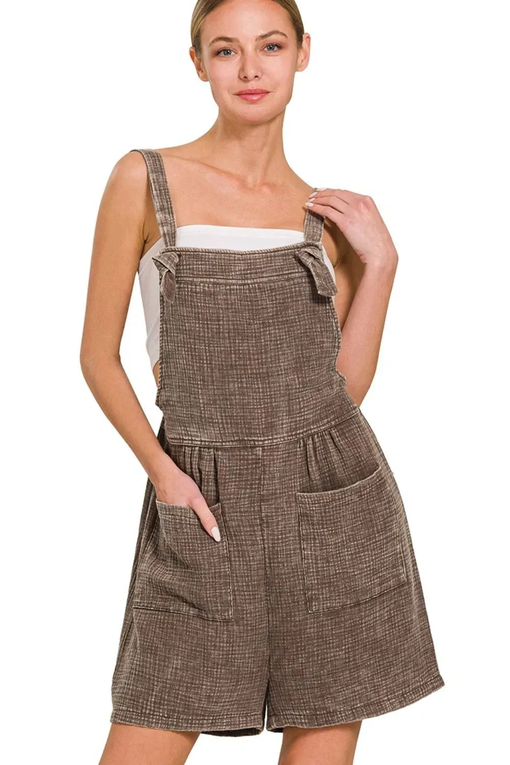 Zenana Woven Double Gauze Acid Washed Romper sold by Charming Charlie