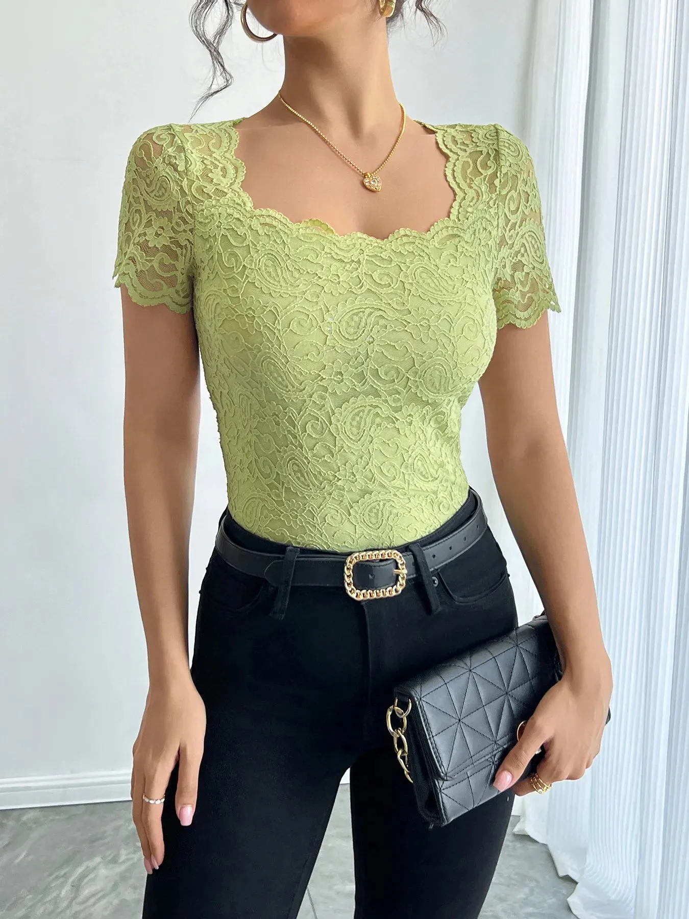 Floral Lace Square Neck T-Shirt sold by Charming Charlie