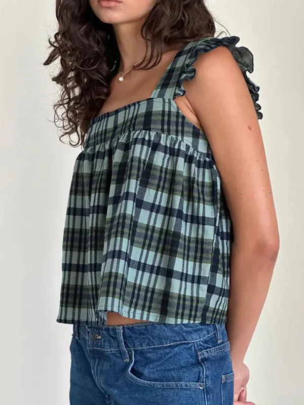 Ruffled Plaid Square Neck Tank sold by Charming Charlie