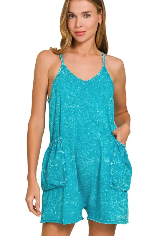 Zenana Acid Crinkle Washed Spaghetti Strap Romper sold by Charming Charlie