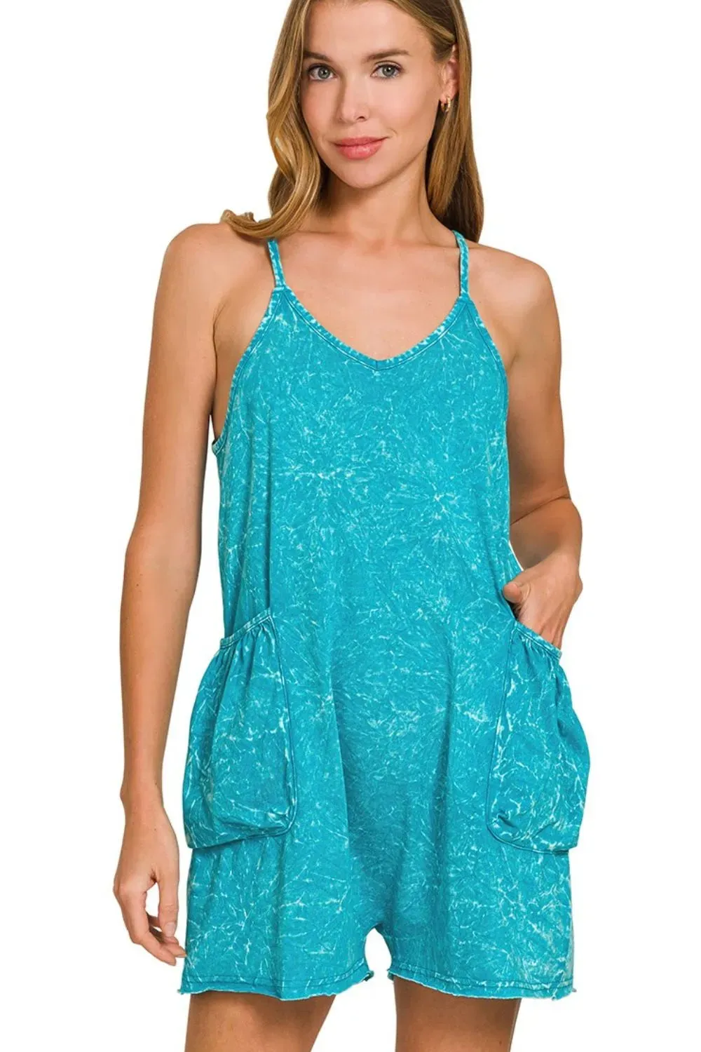 Zenana Acid Crinkle Washed Spaghetti Strap Romper sold by Charming Charlie