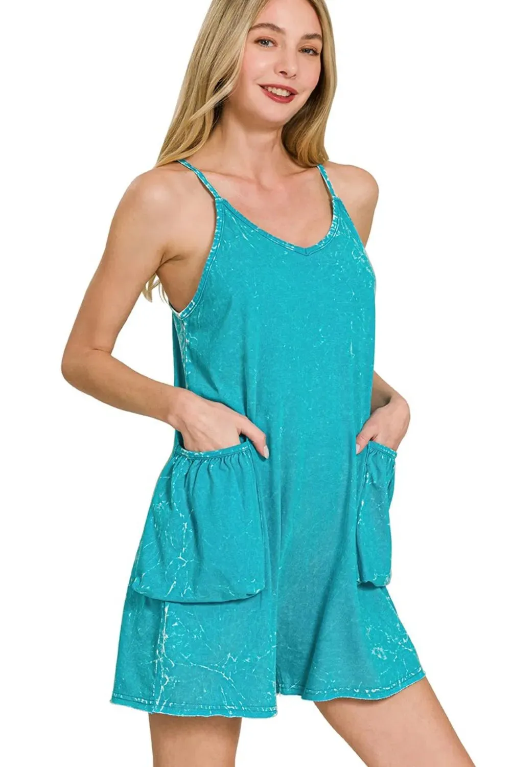 Zenana Acid Crinkle Washed Spaghetti Strap Romper sold by Charming Charlie product image thumbnail 2