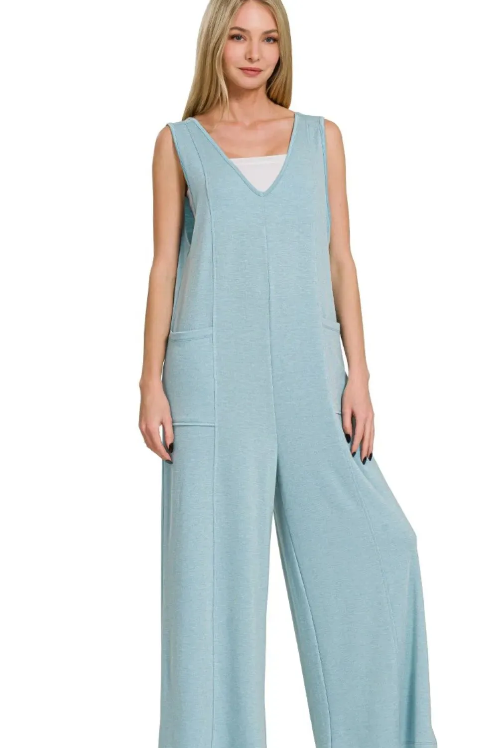 Zenana French Terry Deep V Neck Jumpsuits sold by Charming Charlie product image thumbnail 2