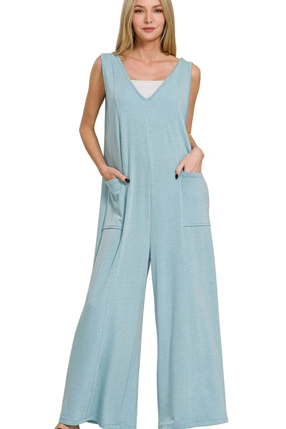 Zenana French Terry Deep V Neck Jumpsuits sold by Charming Charlie