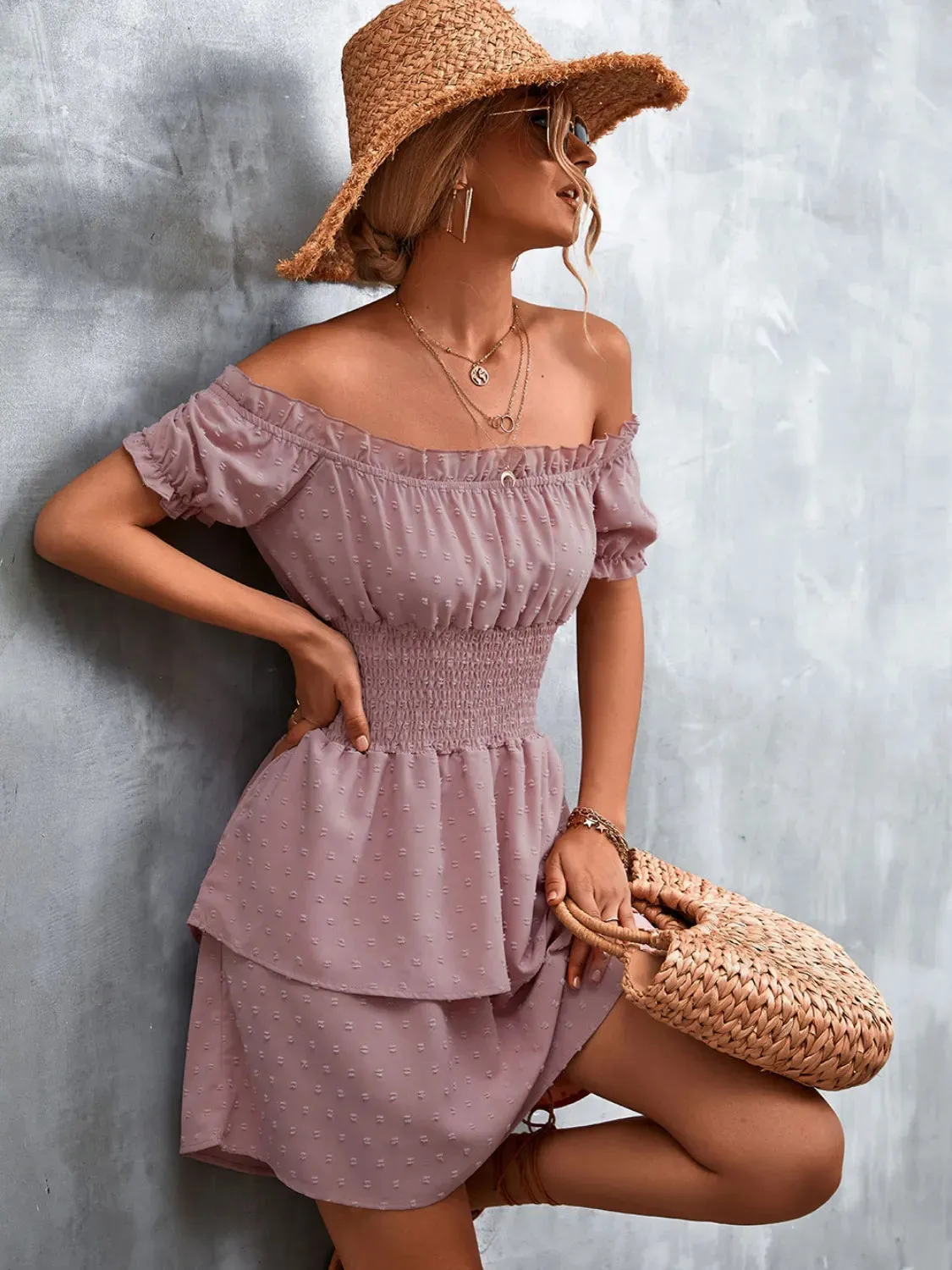 Ruffled Swiss Dot Off-Shoulder Dress sold by Charming Charlie