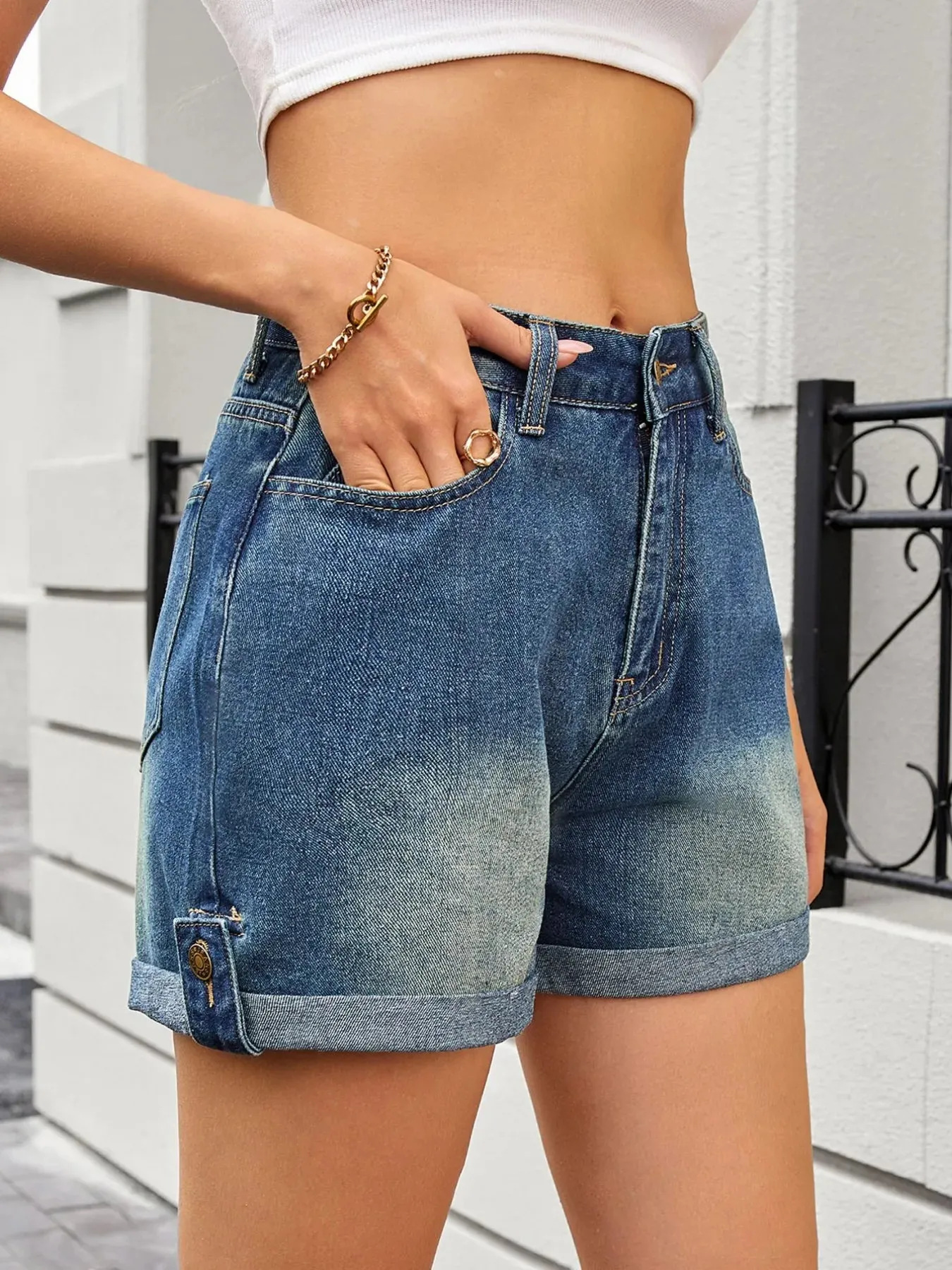 High Waist Rolled Hem Gradient Denim Shorts sold by Charming Charlie product image thumbnail 3