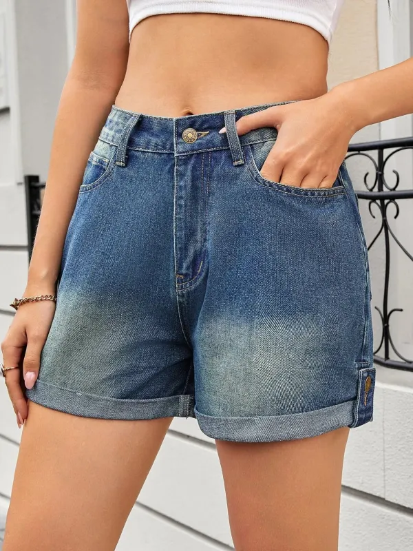 High Waist Rolled Hem Gradient Denim Shorts sold by Charming Charlie