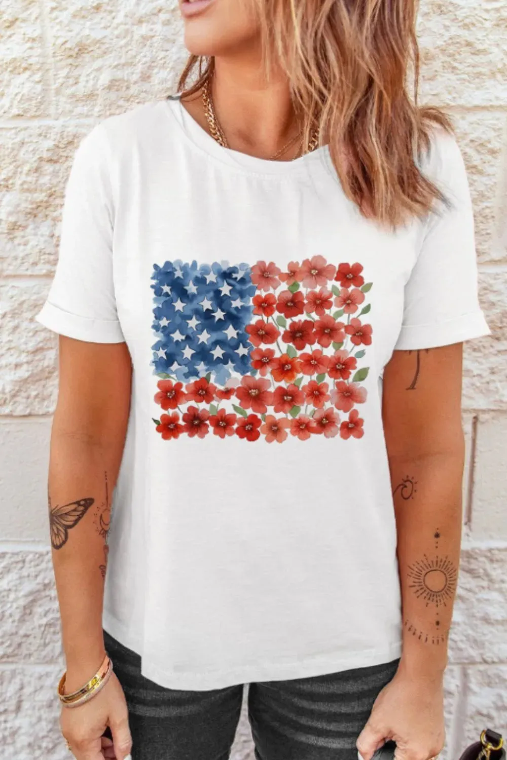 Star Floral American Flag Printed T Shirt sold by Charming Charlie product image thumbnail 3