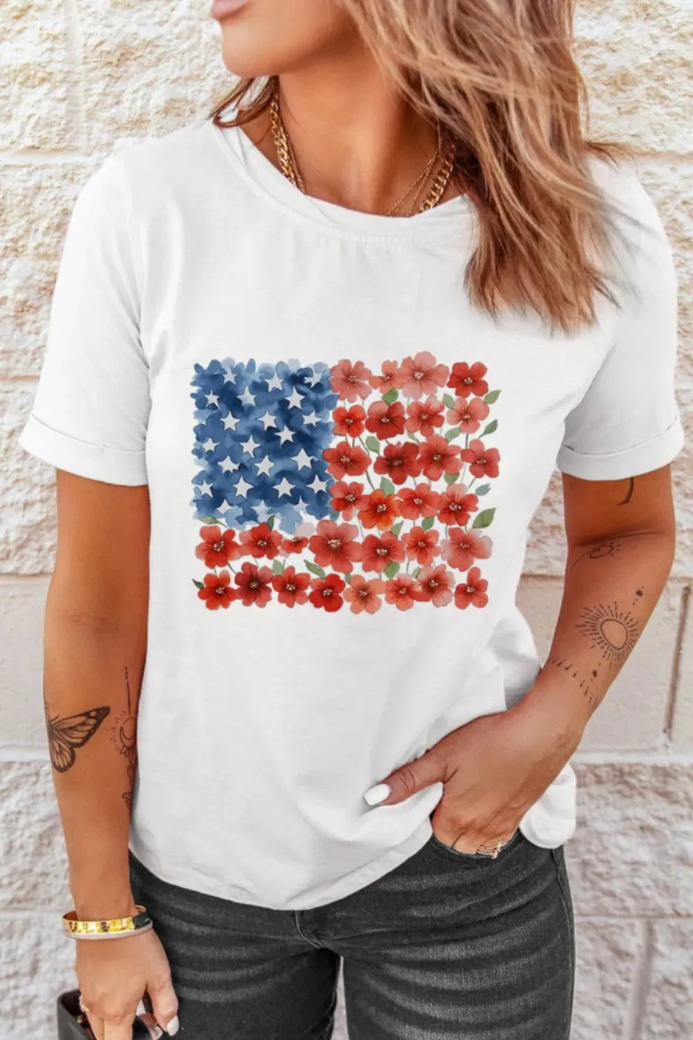 Star Floral American Flag Printed T Shirt sold by Charming Charlie