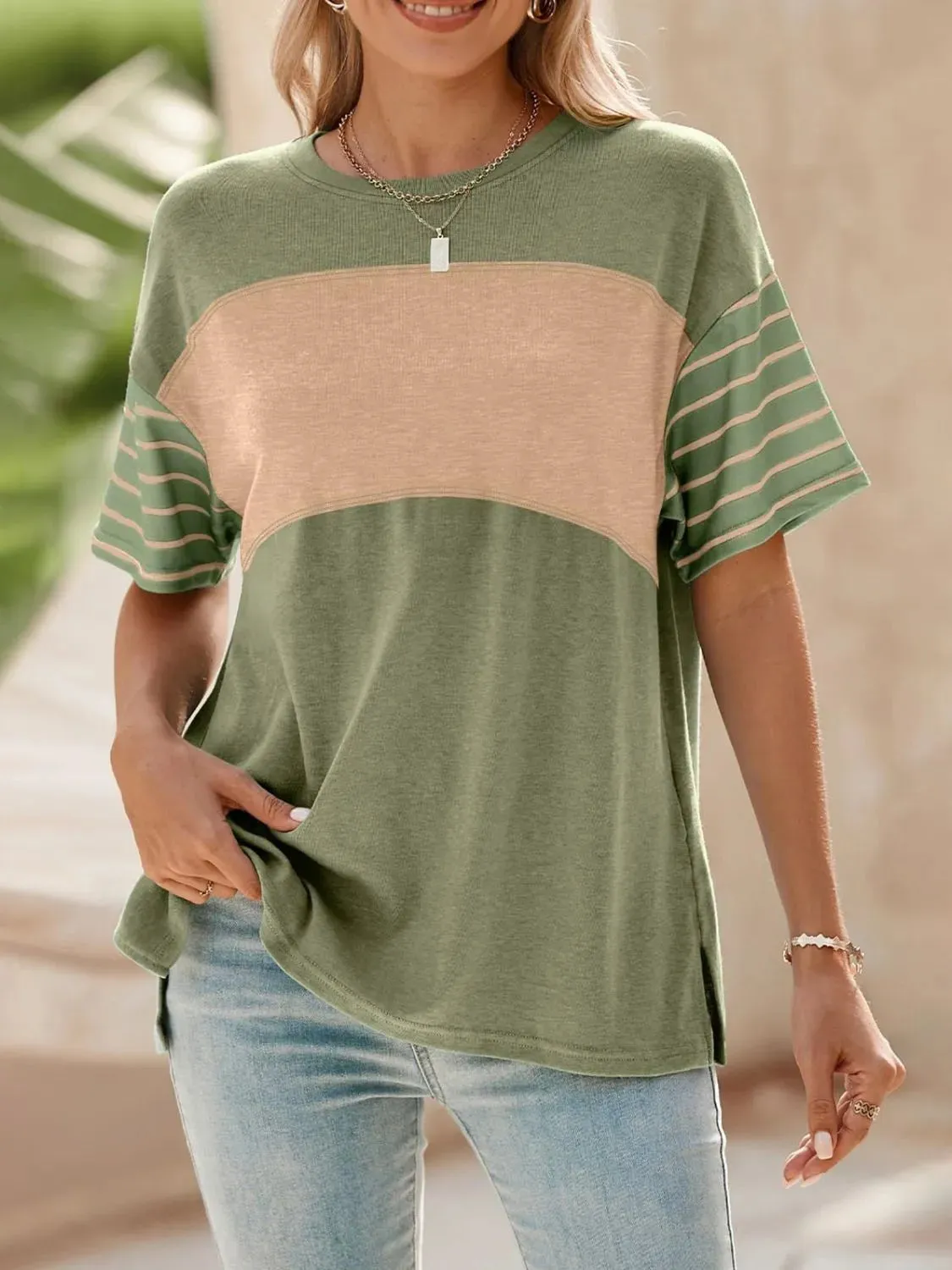 Color Block Striped Sleeve Casual T-Shirt sold by Charming Charlie product image thumbnail 5