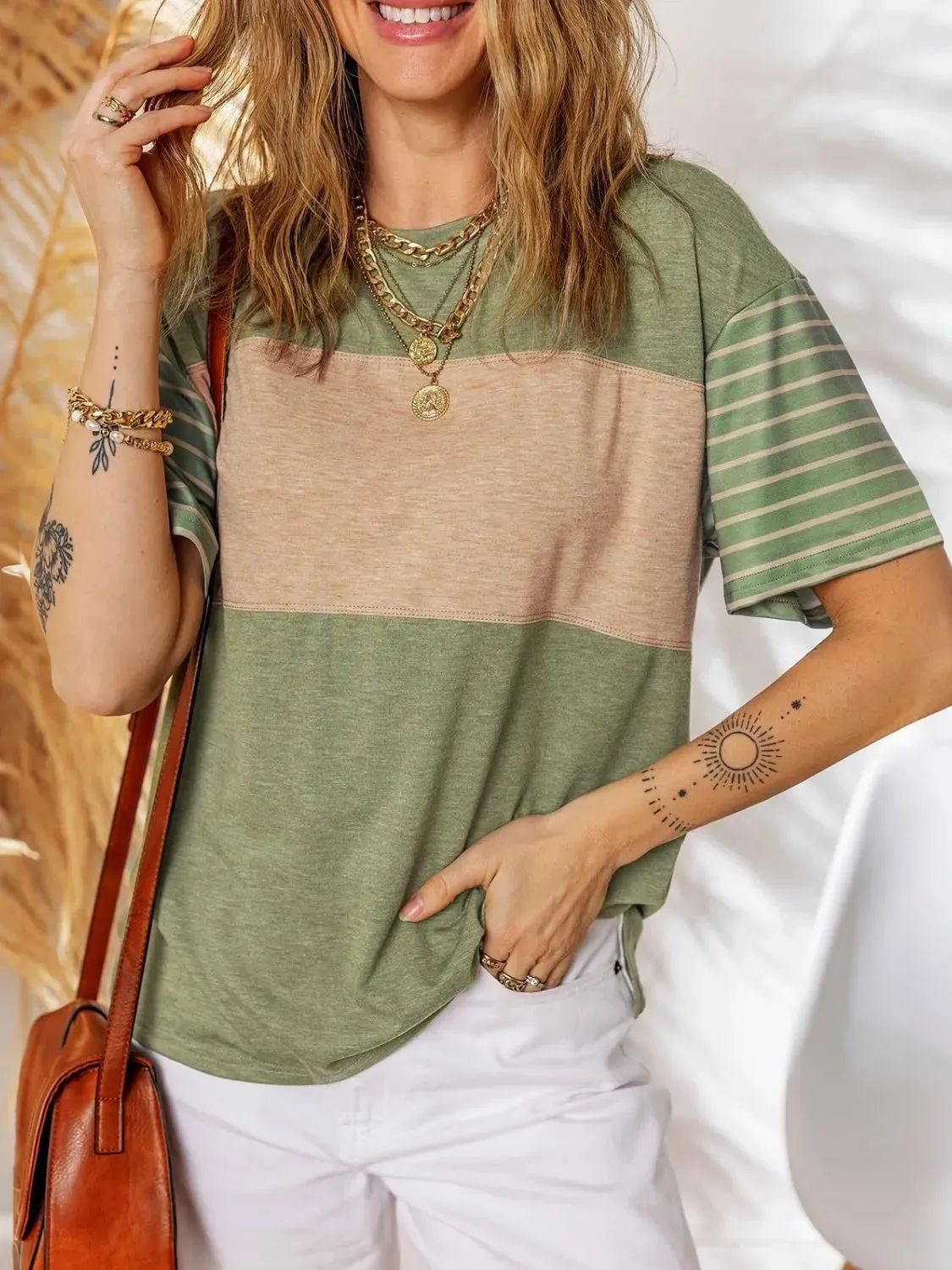 Color Block Striped Sleeve Casual T-Shirt sold by Charming Charlie product image thumbnail 2