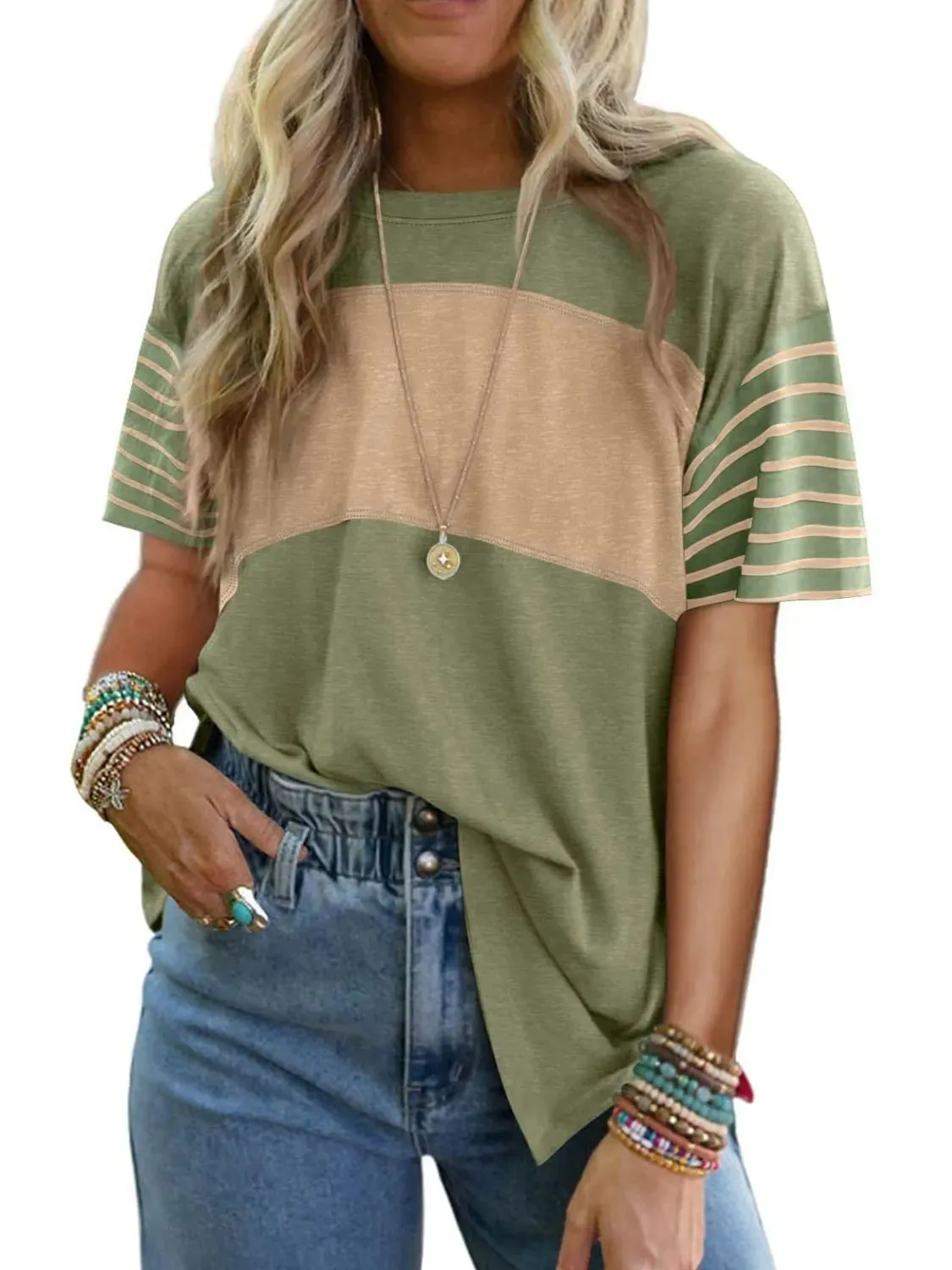 Color Block Striped Sleeve Casual T-Shirt sold by Charming Charlie product image thumbnail 3