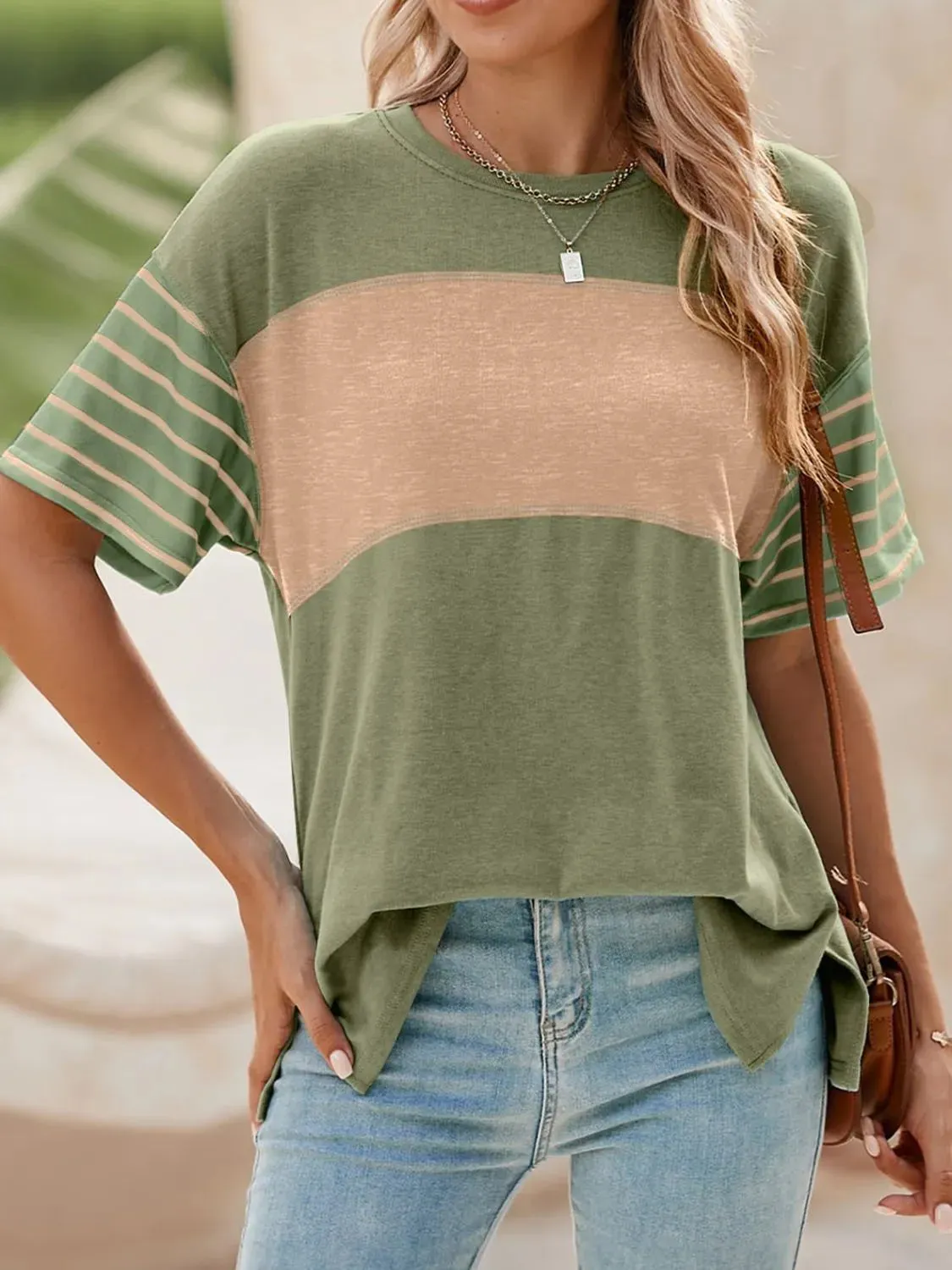 Color Block Striped Sleeve Casual T-Shirt sold by Charming Charlie product image thumbnail 4