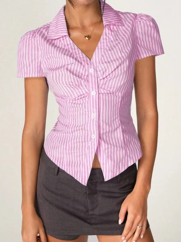 Striped Collared Neck Short Sleeve Shirt sold by Charming Charlie