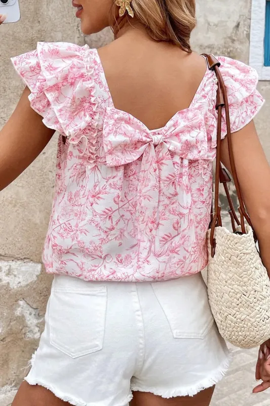 Bow Back Printed Ruffled Cap Sleeve Blouse sold by Charming Charlie