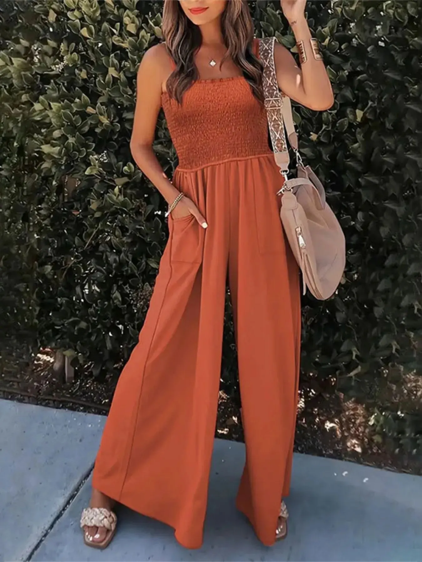 Smocked Wide Leg Jumpsuit sold by Charming Charlie