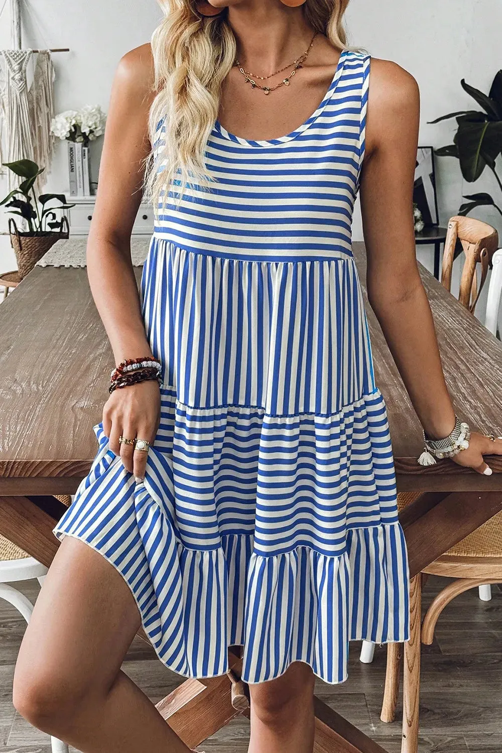 Striped Round Neck Sleeveless Mini Dress sold by Charming Charlie