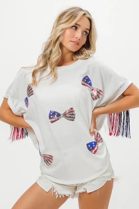 BiBi American Flag Sequin Ribbon T-Shirt sold by Charming Charlie