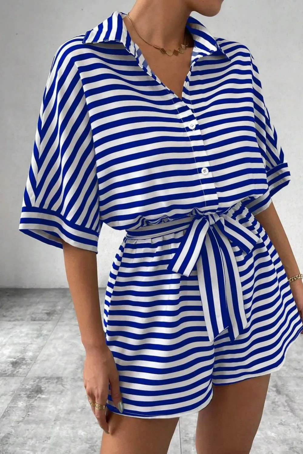 Striped Collared Neck Tie Waist Romper sold by Charming Charlie product image thumbnail 4