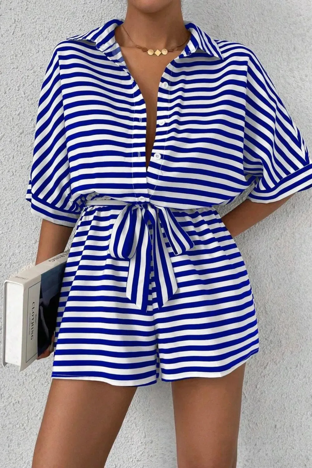 Striped Collared Neck Tie Waist Romper sold by Charming Charlie