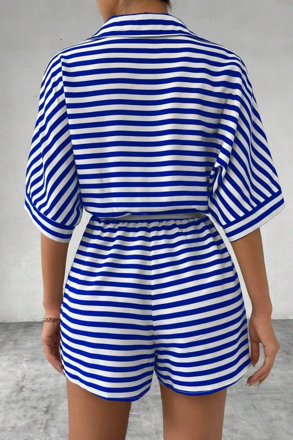 Striped Collared Neck Tie Waist Romper sold by Charming Charlie product image thumbnail 2